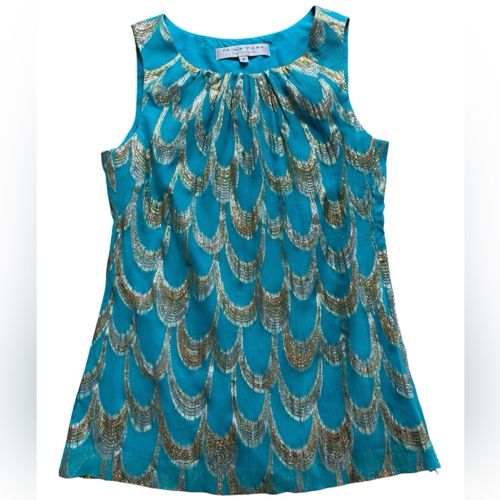 Trina Turk Teal and Gold Patterned Top